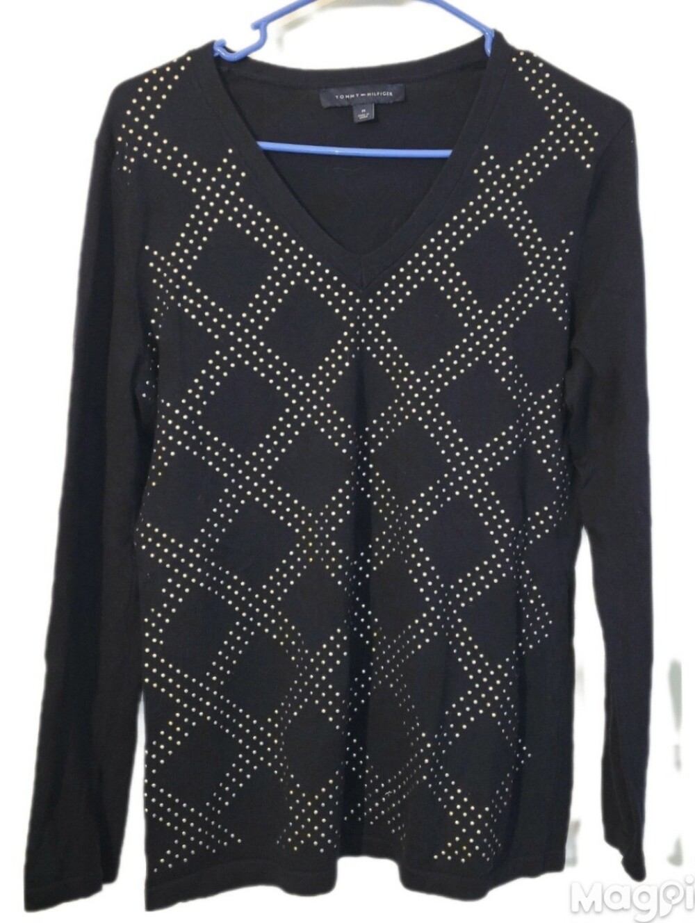 Tommy Hilfiger Womens Navy Blue Studded V-neck Cotton Sweater Size M Preppy